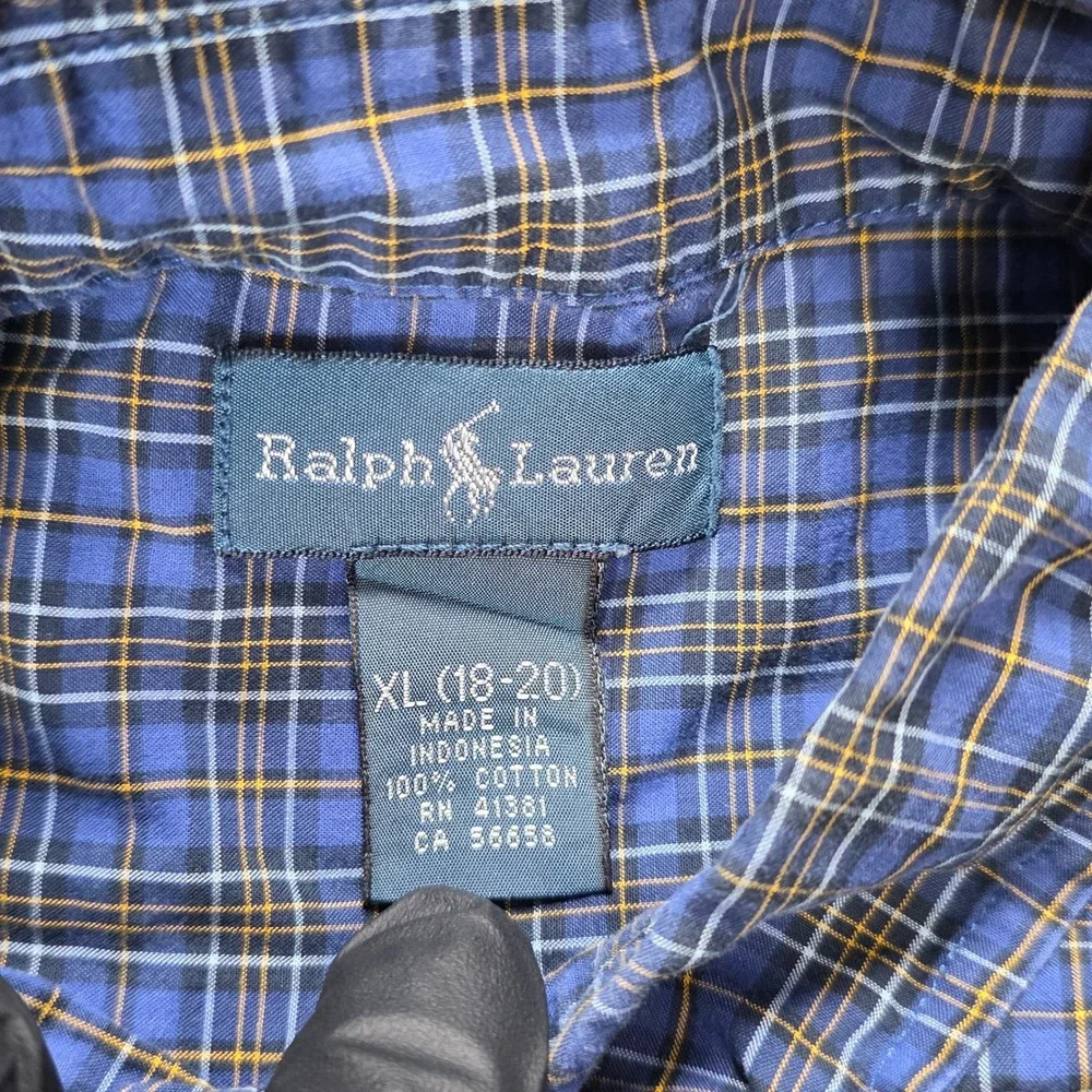 Ralph Lauren Plaid Button Down Shirt Big Boy's Size XL 18-20 Blue‎ Yellow Pony